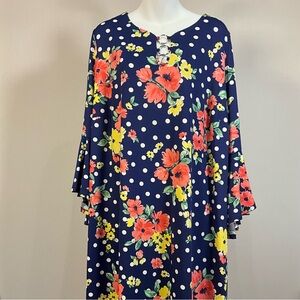 AGB Dress Navy Floral Polka Dot with Bell Sleeves